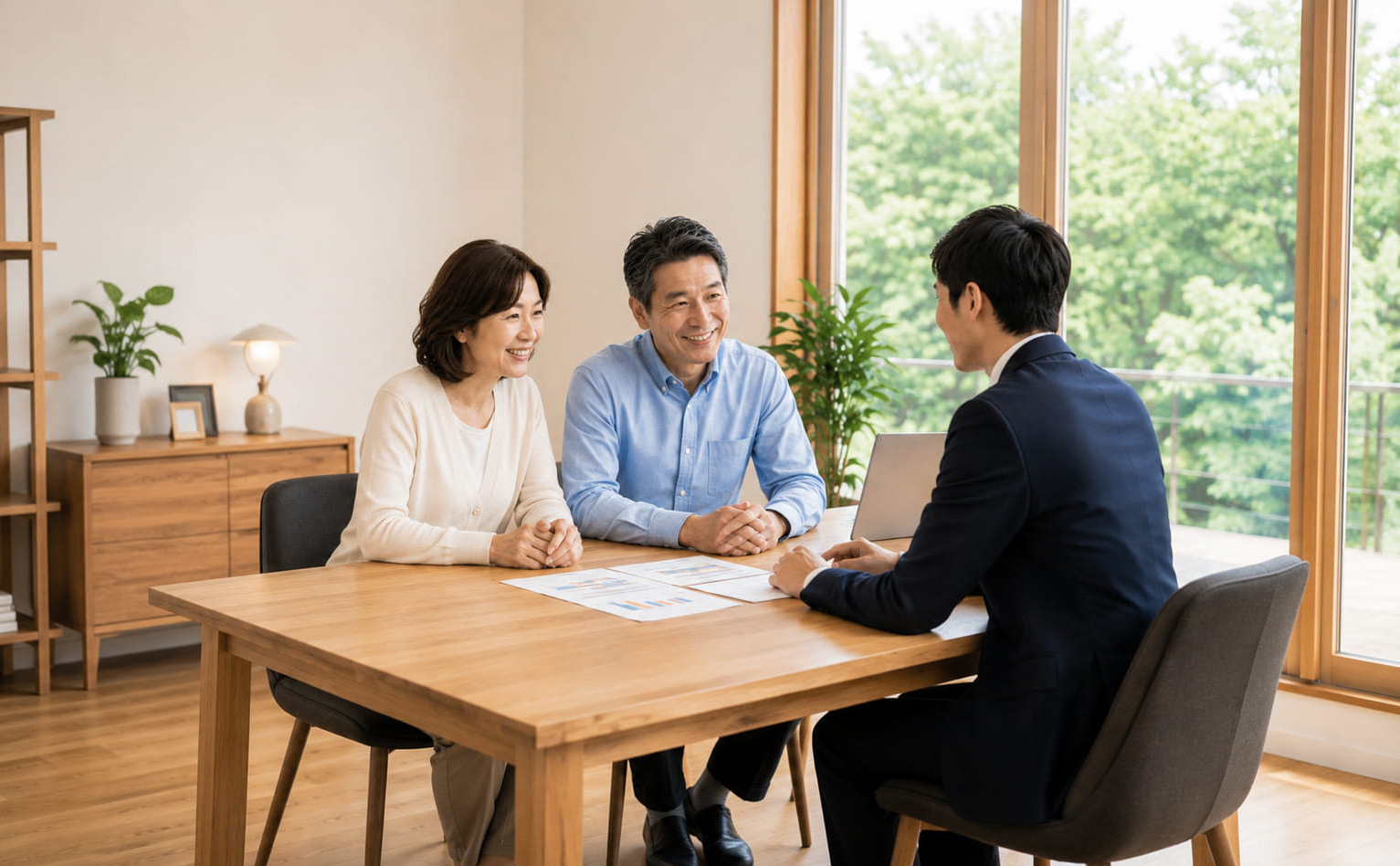 資金相談をするご夫婦と住宅ローンアドバイザー